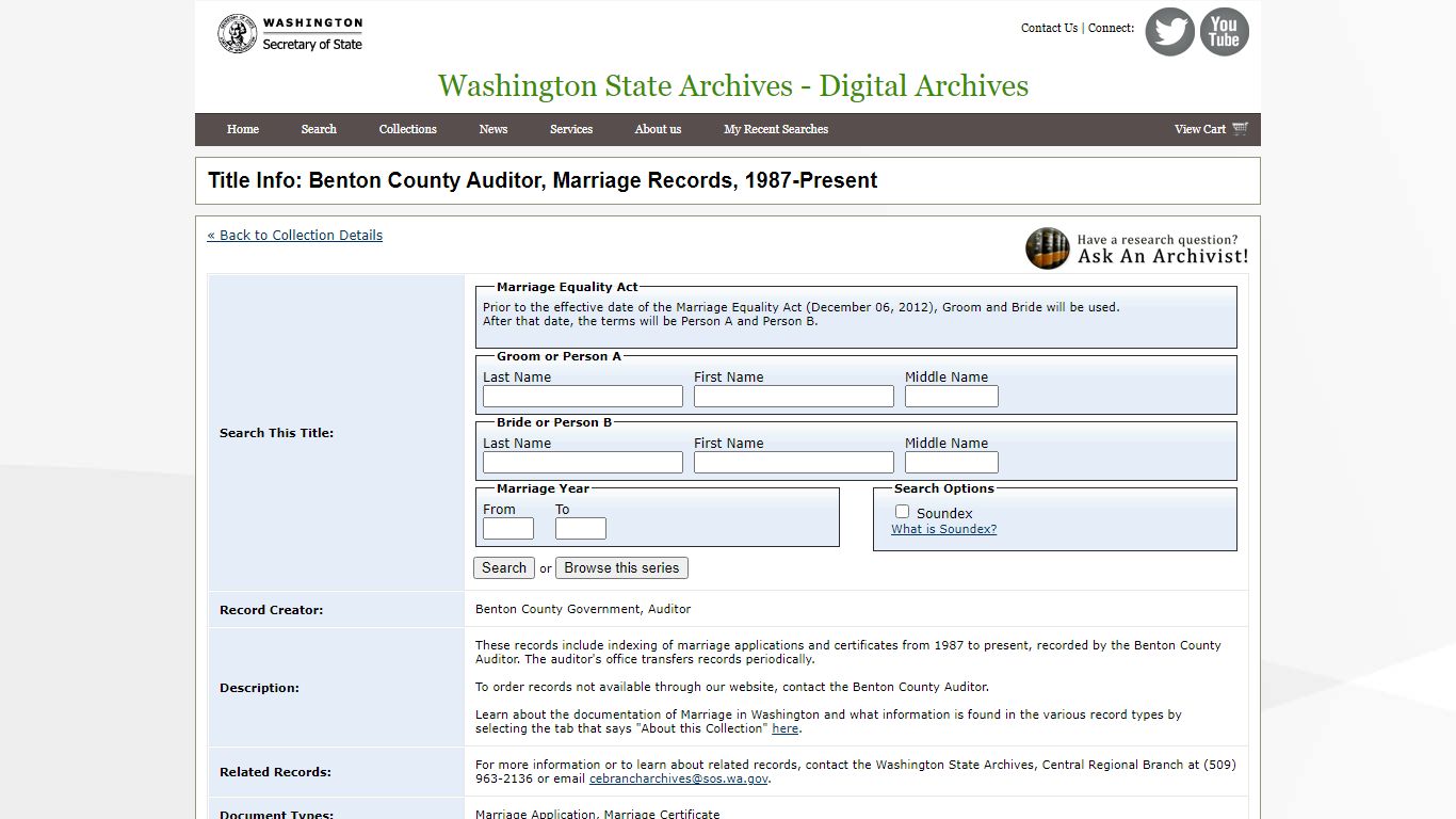 Title Info: Benton County Auditor, Marriage Records, 1987 ...